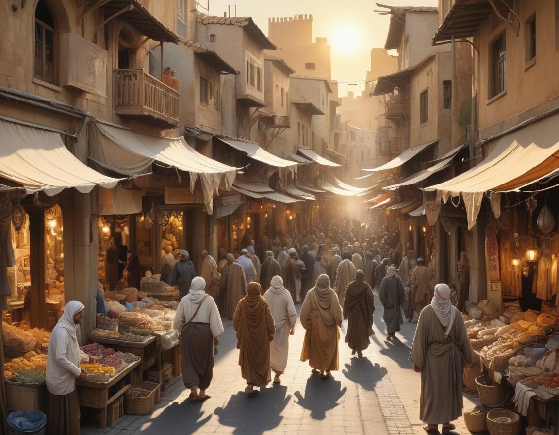 Bustling Arabian Marketplace in Comic Book Art Style
