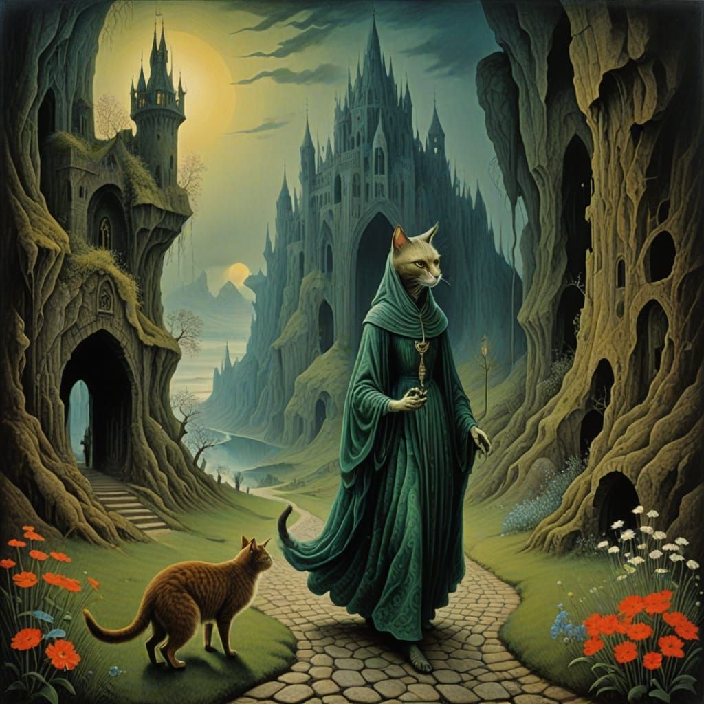 Mystical Woman and Cat Stroll Through Ancient Rock Formation...