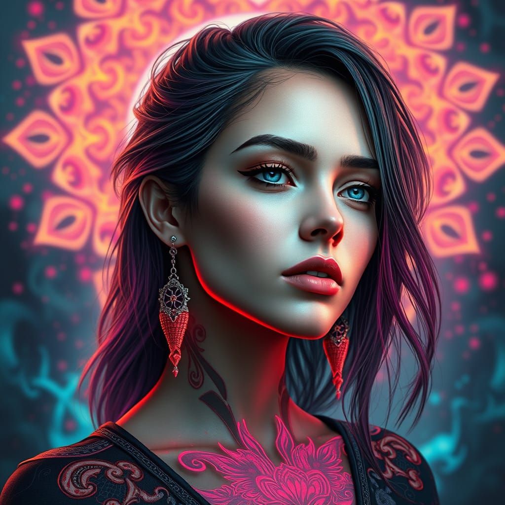 Ethereal Fantasy Portrait in Vibrant, Neon-Lit Realism