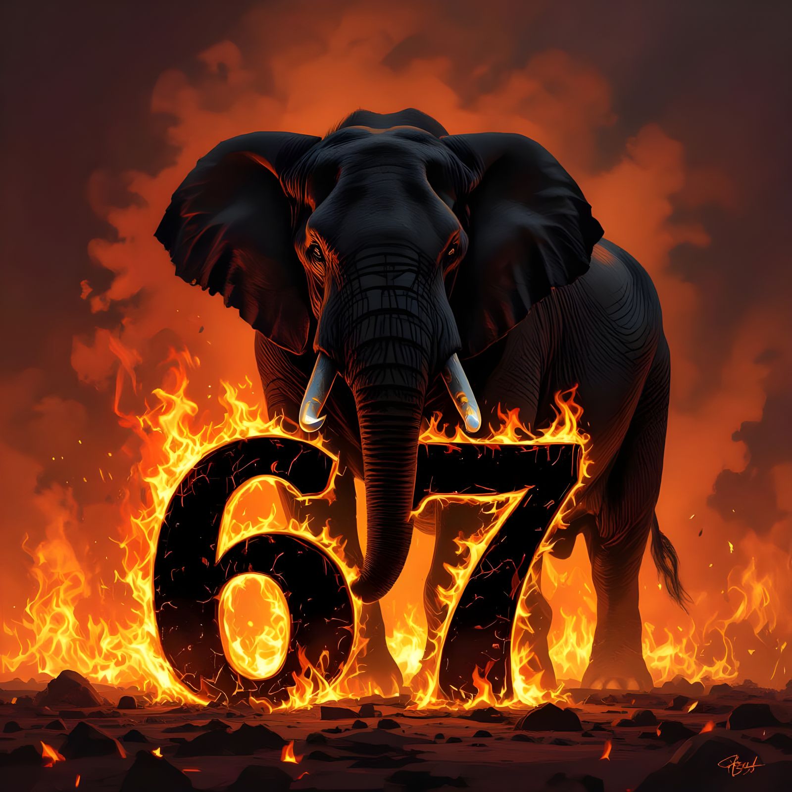 Elephant Standing on Number 67 Amidst Flames