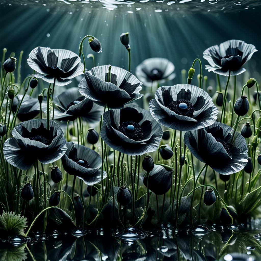 Hyperrealistic Black Poppies with Water Droplets
