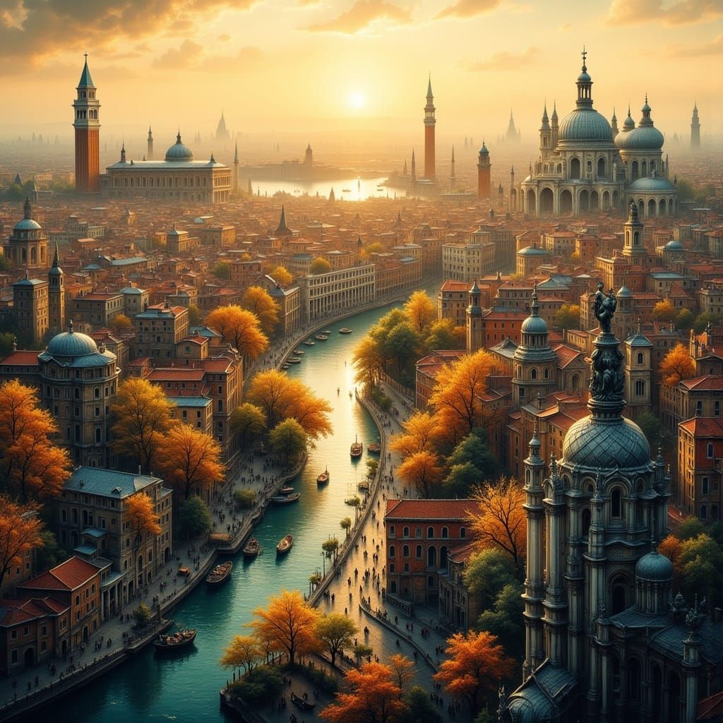 Venice Golden Hour: Bird's-Eye View in Romantic Style