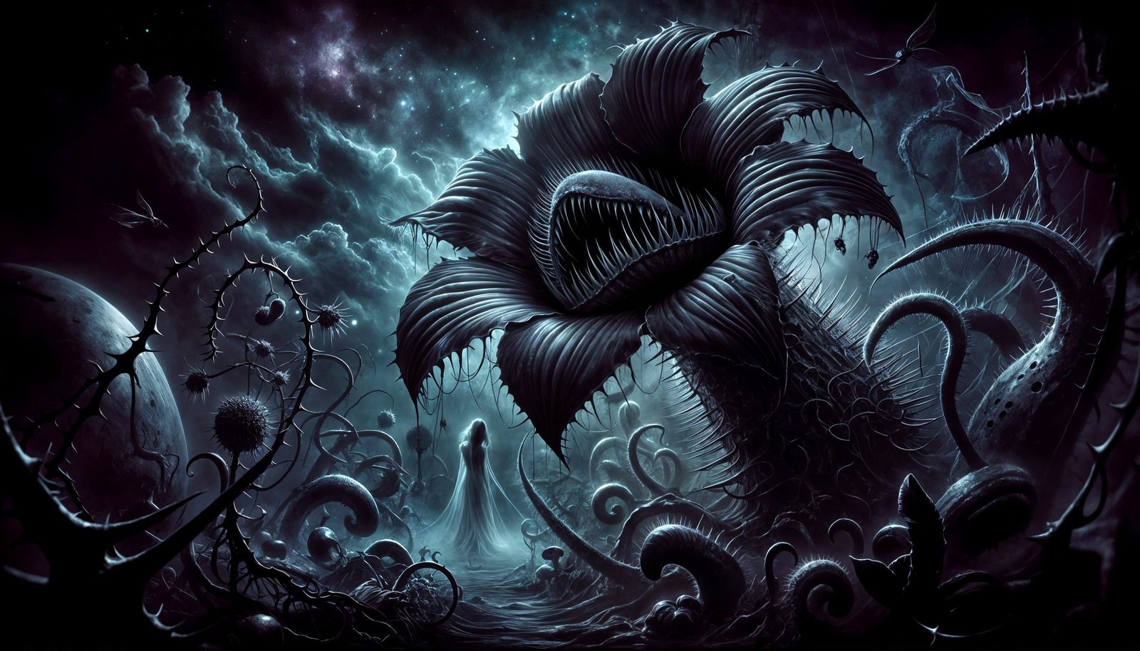 Eerie Night Garden: Carnivorous Flower's Nocturnal Hunger