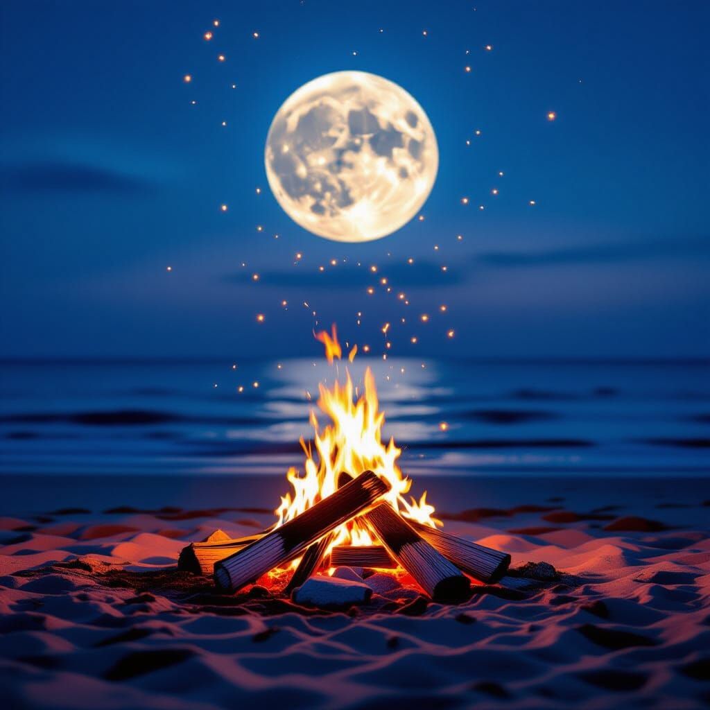 Beach Campfire at Night Under Full Moon