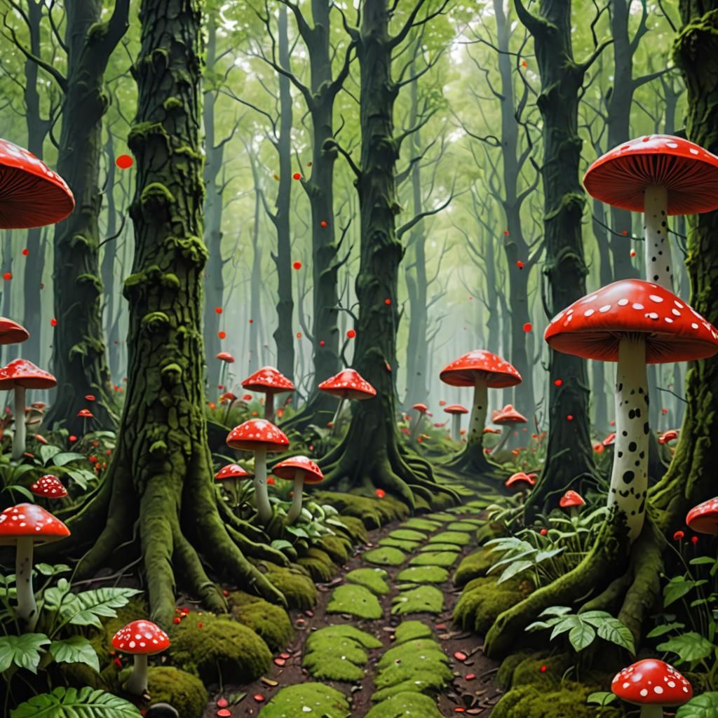 Psychedelic Green Woods with Red Mushrooms in 8K