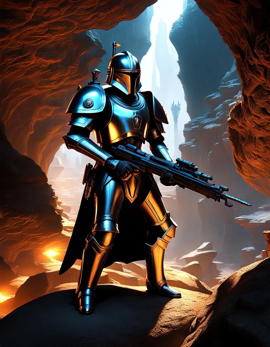 Cyborg Knight in Dragon Cave with Laser Rifle