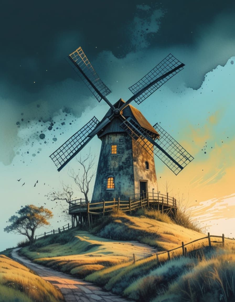 Windmill in Golden Light: Watercolor Landscape