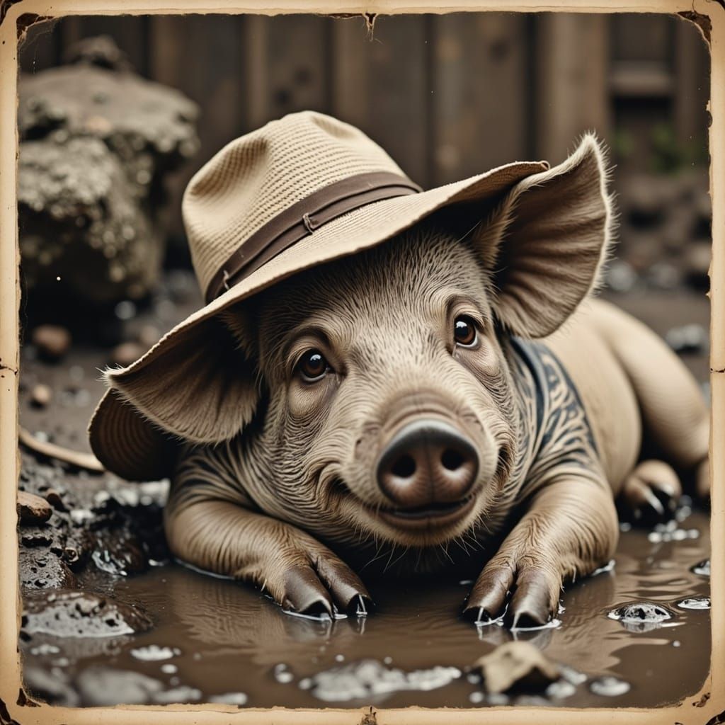 Vintage Pig Portrait in Mud with Straw Hat