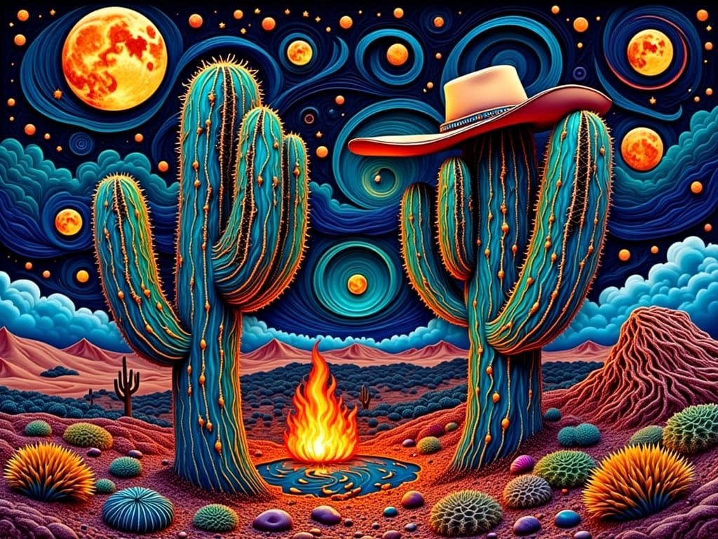Psychedelic Surreal Cactus Cowboy Campfire in Desert