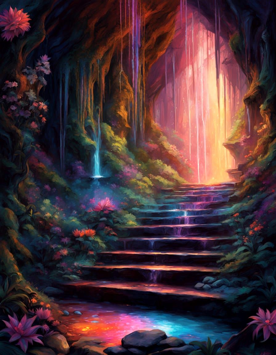 Mystical Forest Cave Entrance with Waterfalls and Fireflies