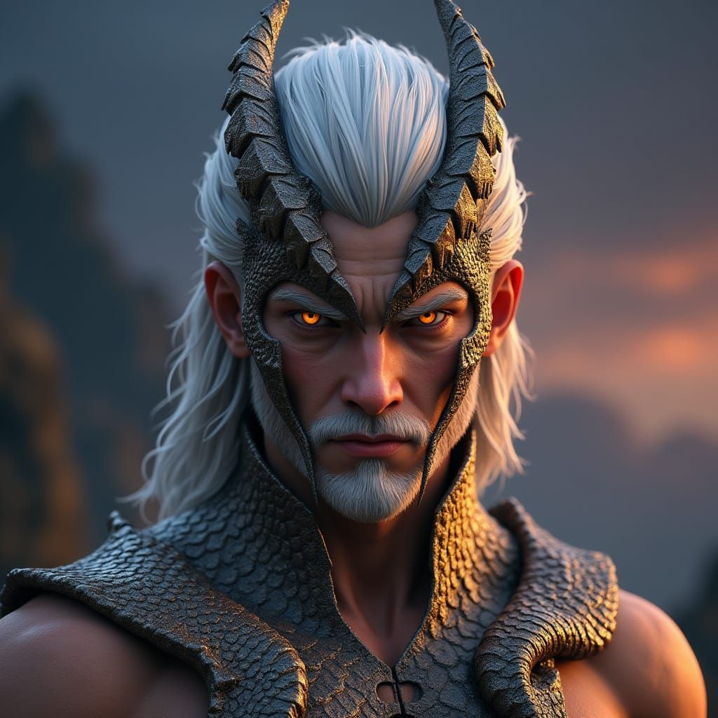 Heroic Fighter with Dragon Scales and Horns