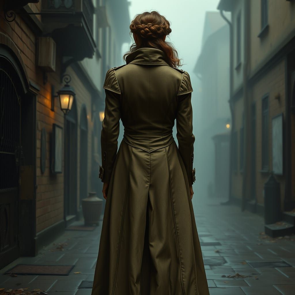 Woman in Victorian Coat on Misty Street