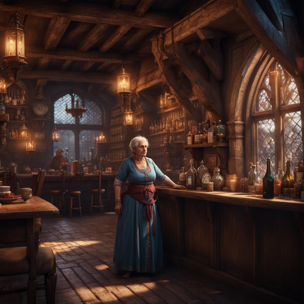 Medieval Bar Scene with Indian Grandmother