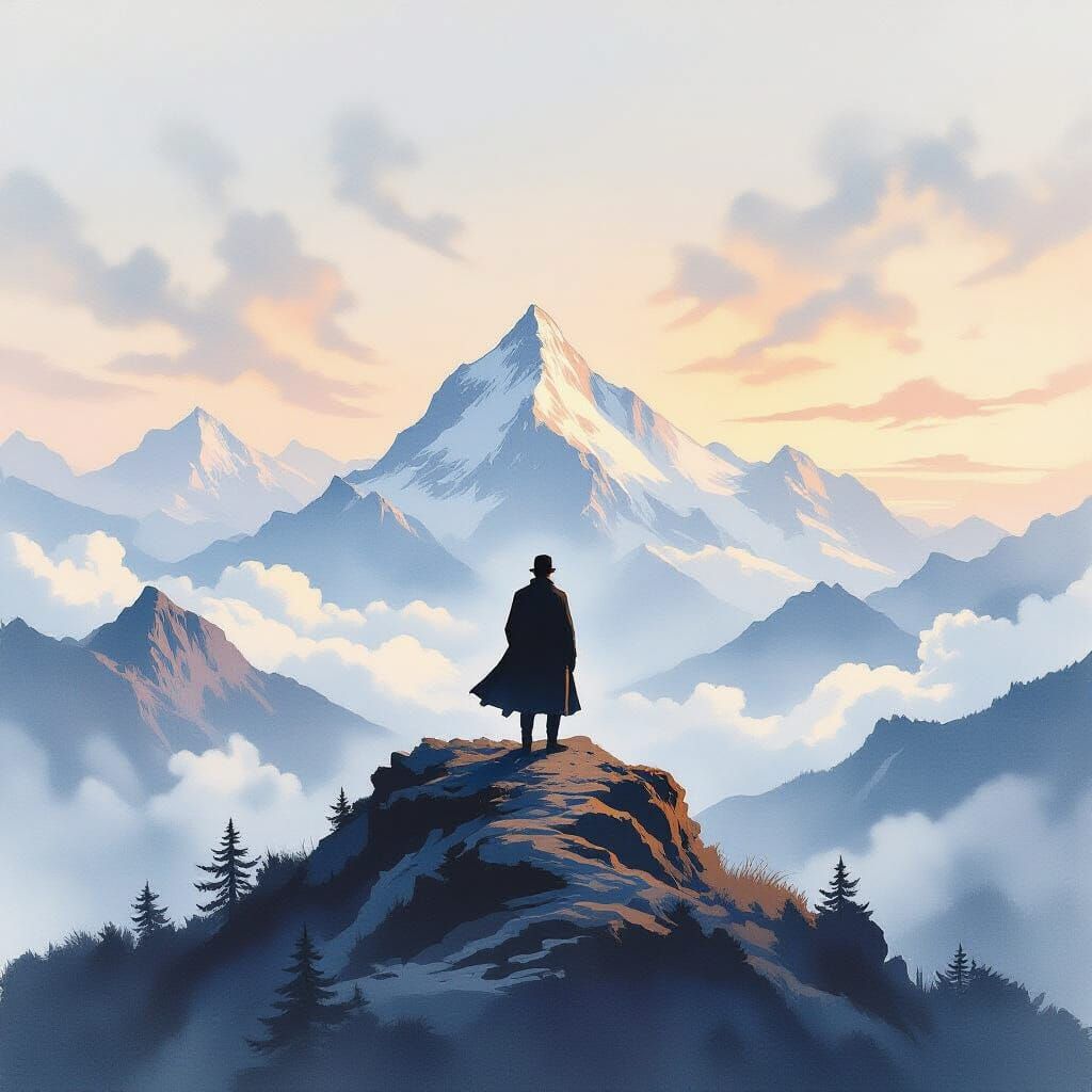 Sherlock Holmes atop Mountain in Neoclassicism Watercolor