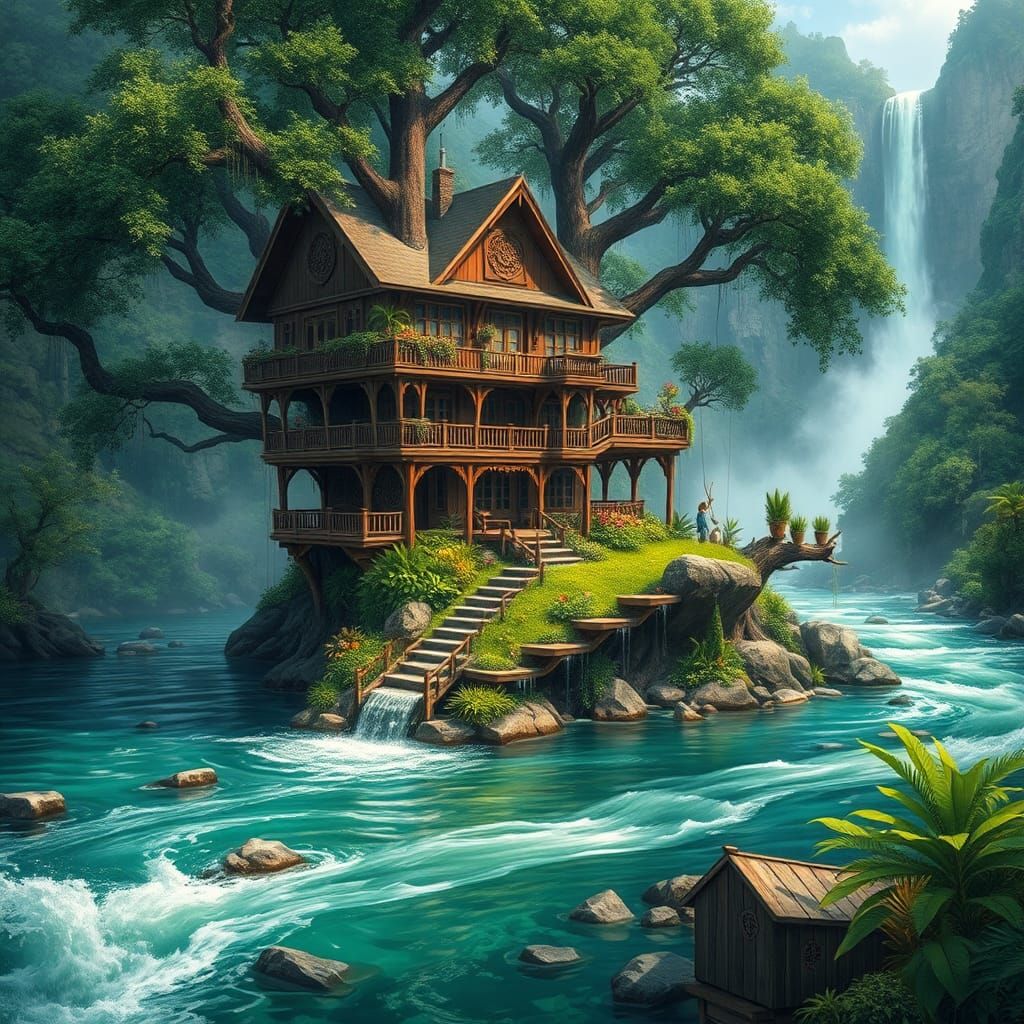 Majestic Treehouse on Island in Rushing River