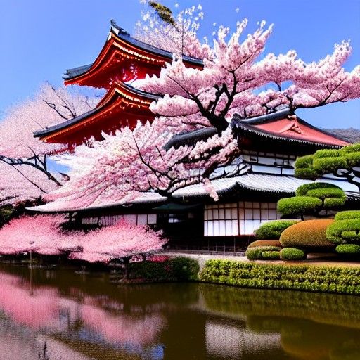Japanese Palace with Giant Sakura Tree