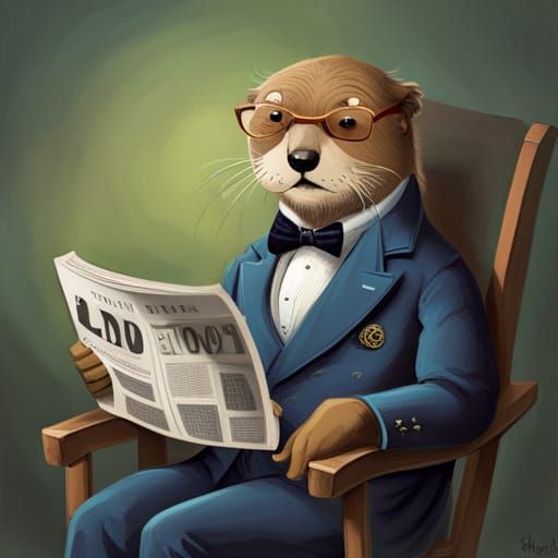 Otter with Monocle Reading Newspaper in Chair