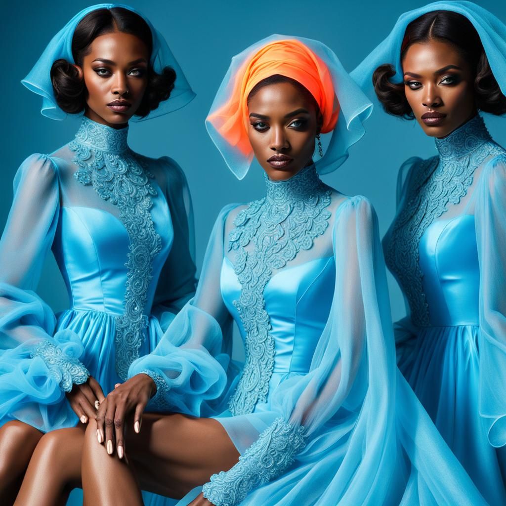 Women's Shining Neon Blue Organza Over Dress Flared Long Sleeves Glamorous Intense Headscarf Headscarves Neon Blue Full ...