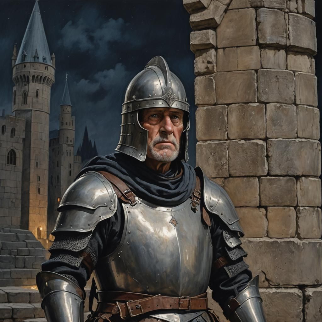Armored Figure on Battlements in Pre-Raphaelite Style