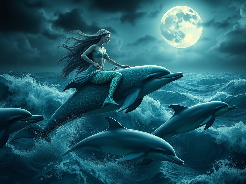 Mystical Mermaid Rides Majestic Dolphin Under Stormy Sea