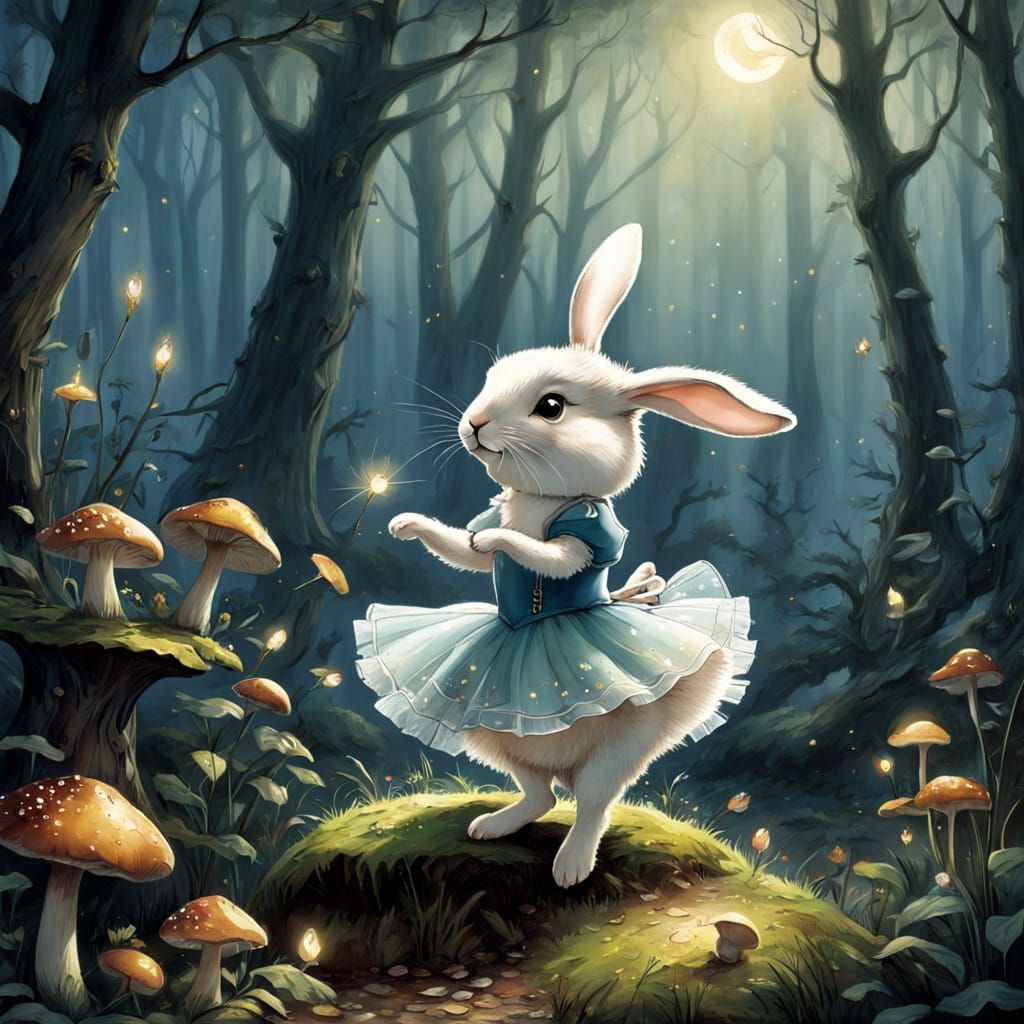 Ballerina Bunny Pirouettes on Mushroom in Enchanted Forest