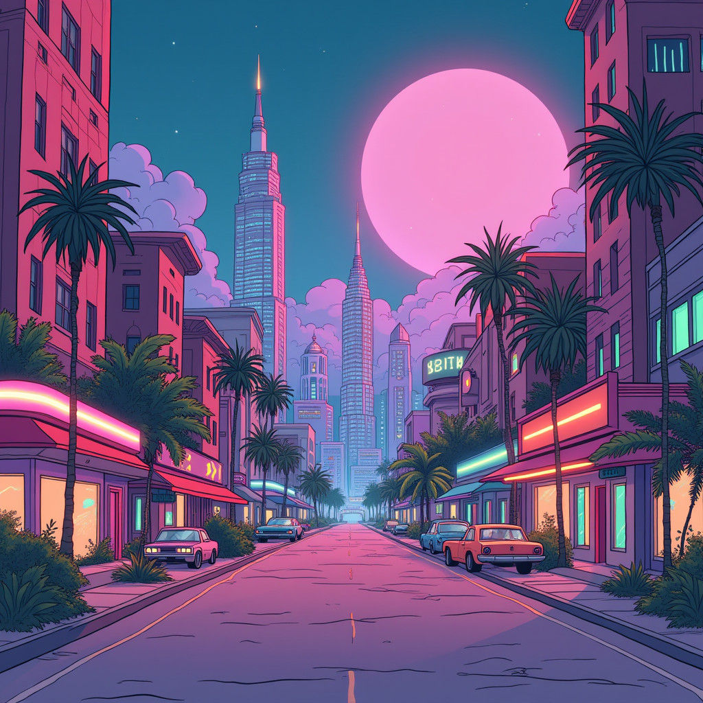 Retro-Futuristic Cityscape in 90s Cartoon Style