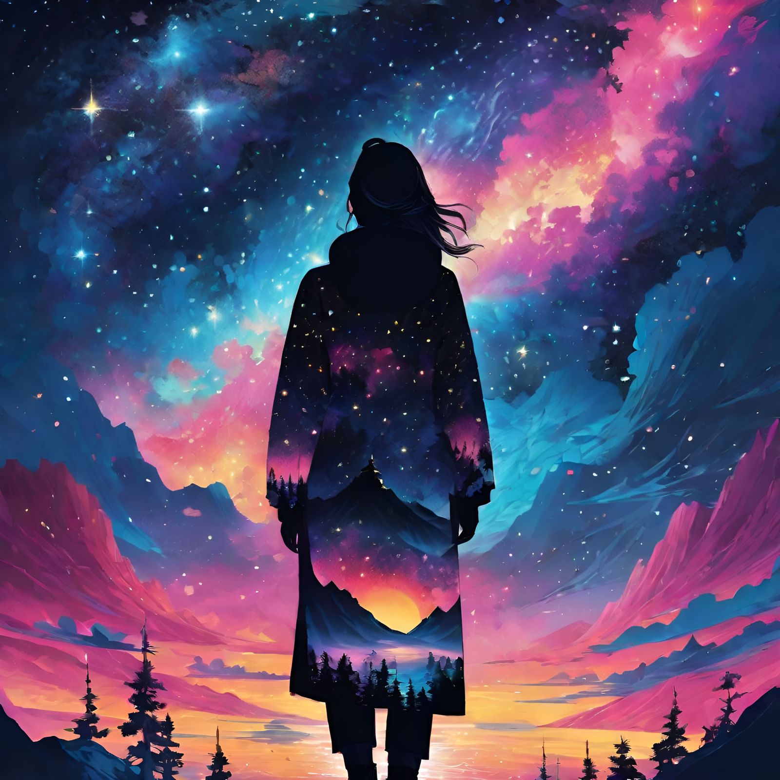 Starry Silhouette: A Vibrant Double Exposure Illustration