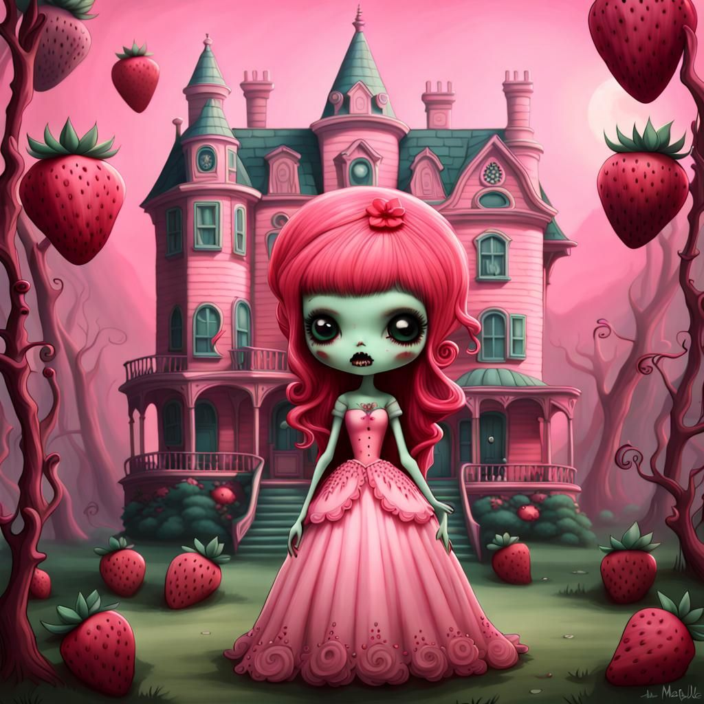 Zombie Strawberry Girl in Pink Manor, Surreal Art