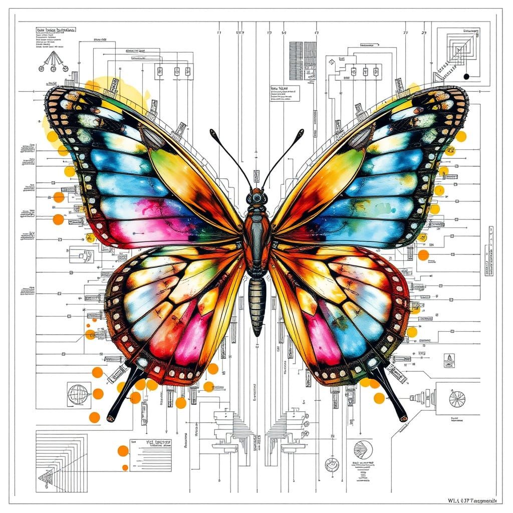 Futuristic Butterfly: High-Tech Engineering Blueprint in Wat...
