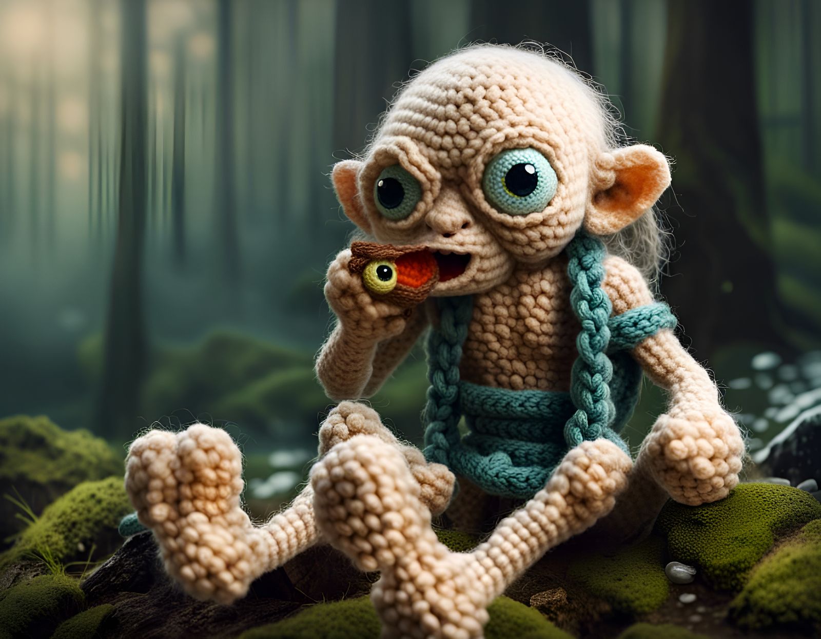 Amigurumi Art: Gollum Enjoys a Fish