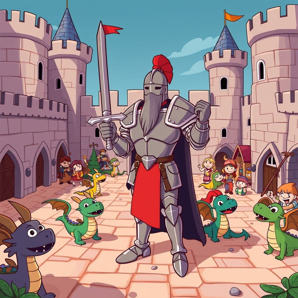Cartoon Knight Statue in Castle Courtyard