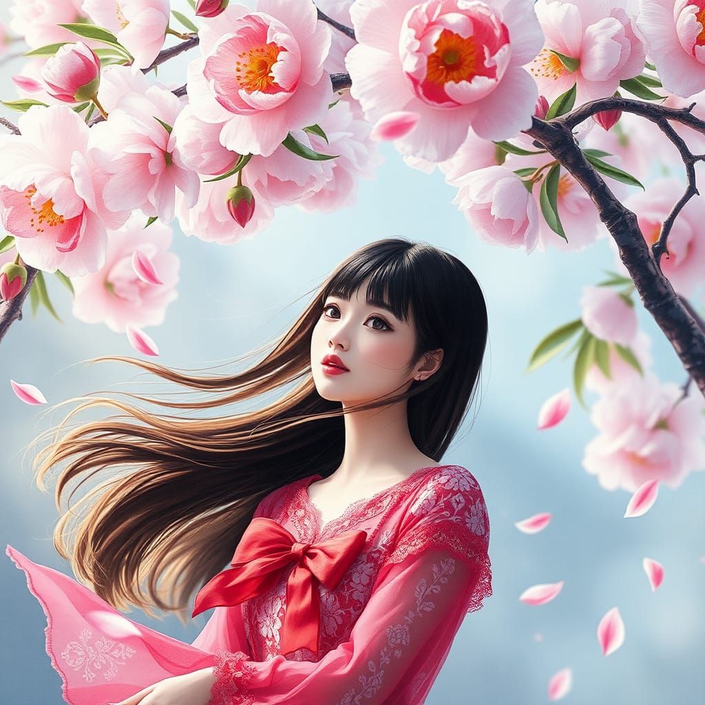 Woman Under Peony Tree in Watercolor Line Art