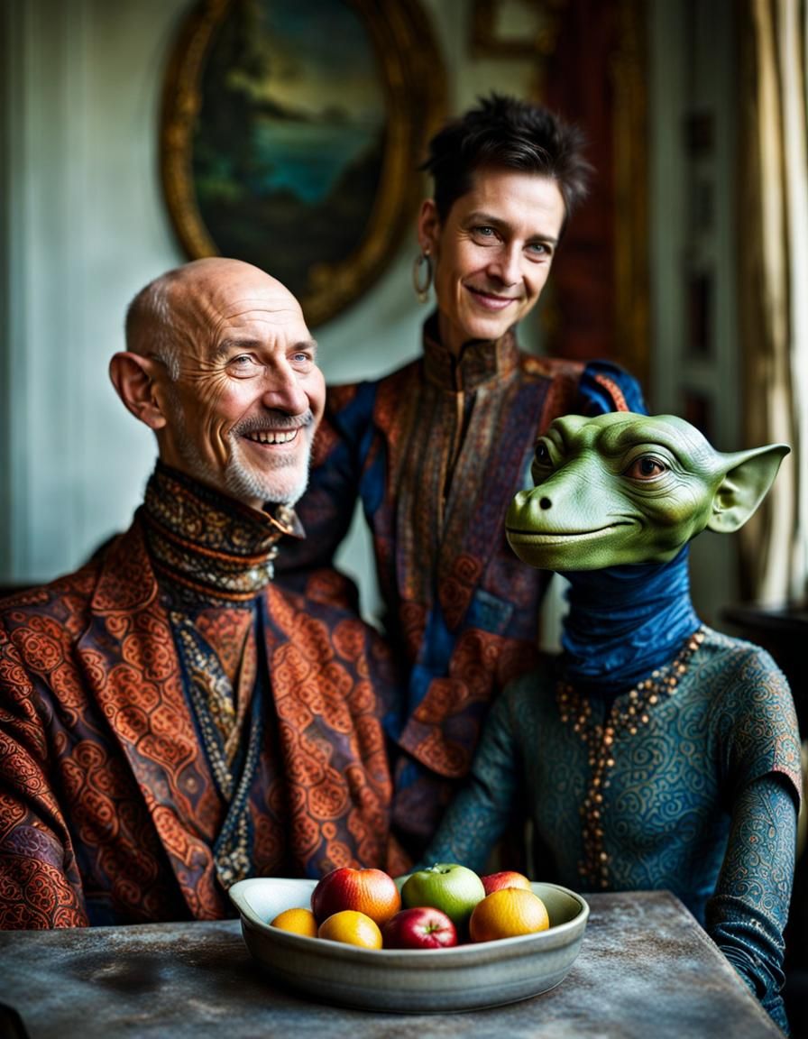 Surreal Alien Restaurant Celebration in Dramatic Lighting