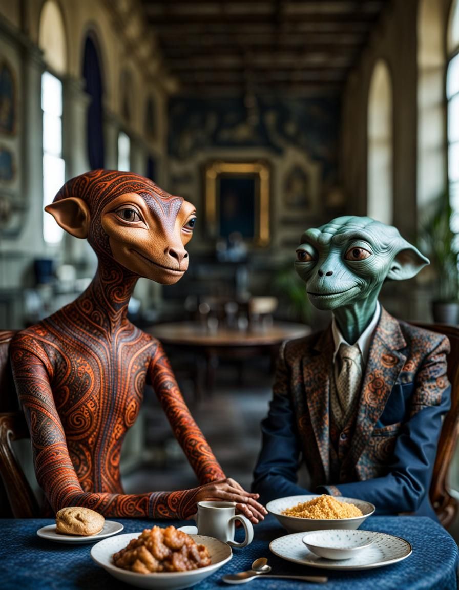 Surreal Alien Restaurant Celebration in Gritty Style