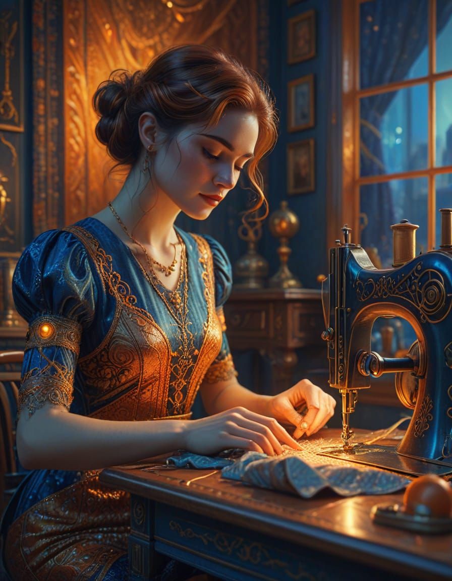 Woman Sewing with Vintage Machine: Fantasy Art