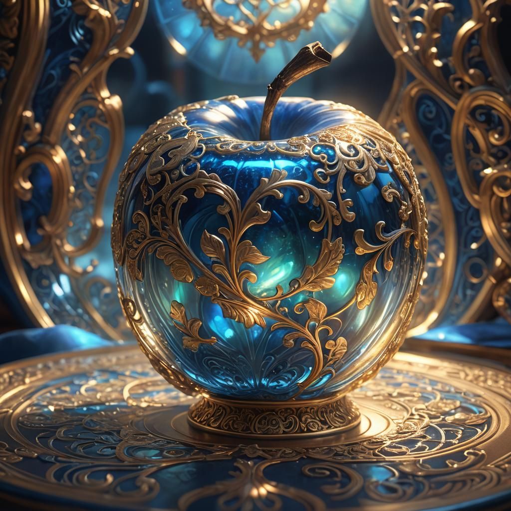 Glowing Blue Apple in Ornate Glass Container