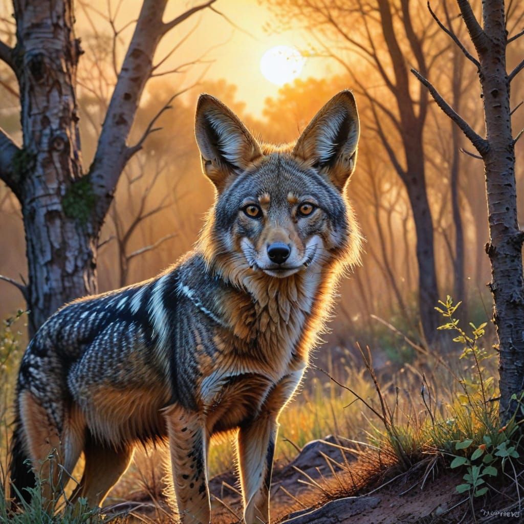 Jackal Watercolor Painting at Sunset