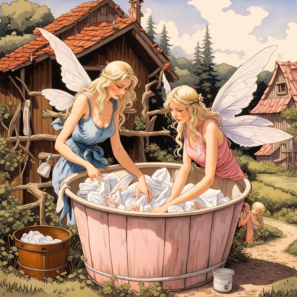 Fairies Doing Laundry in Fairy Village, Manara Style