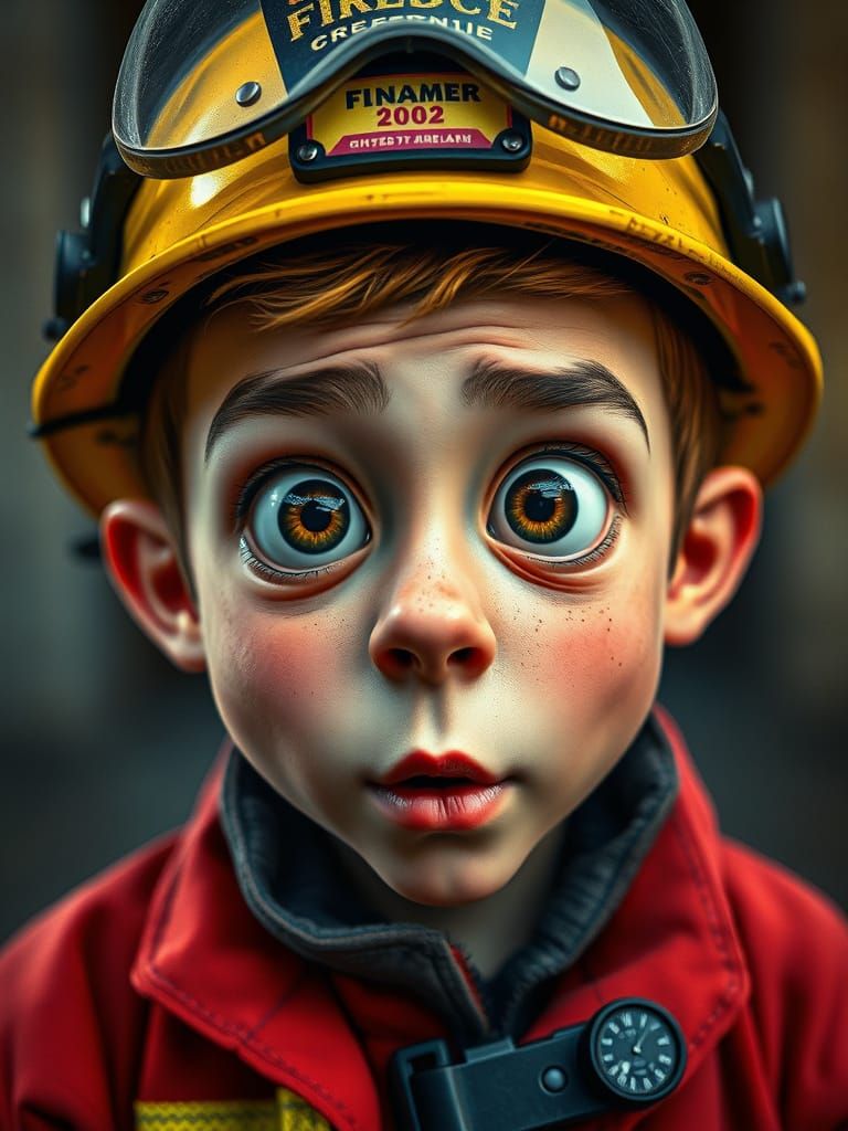 Comical Firefighter with Wide Eyes in Cinematic Style