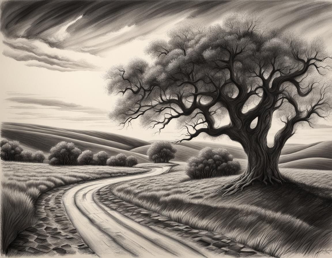 Photorealistic Charcoal Drawing of Serene Rural Landscape