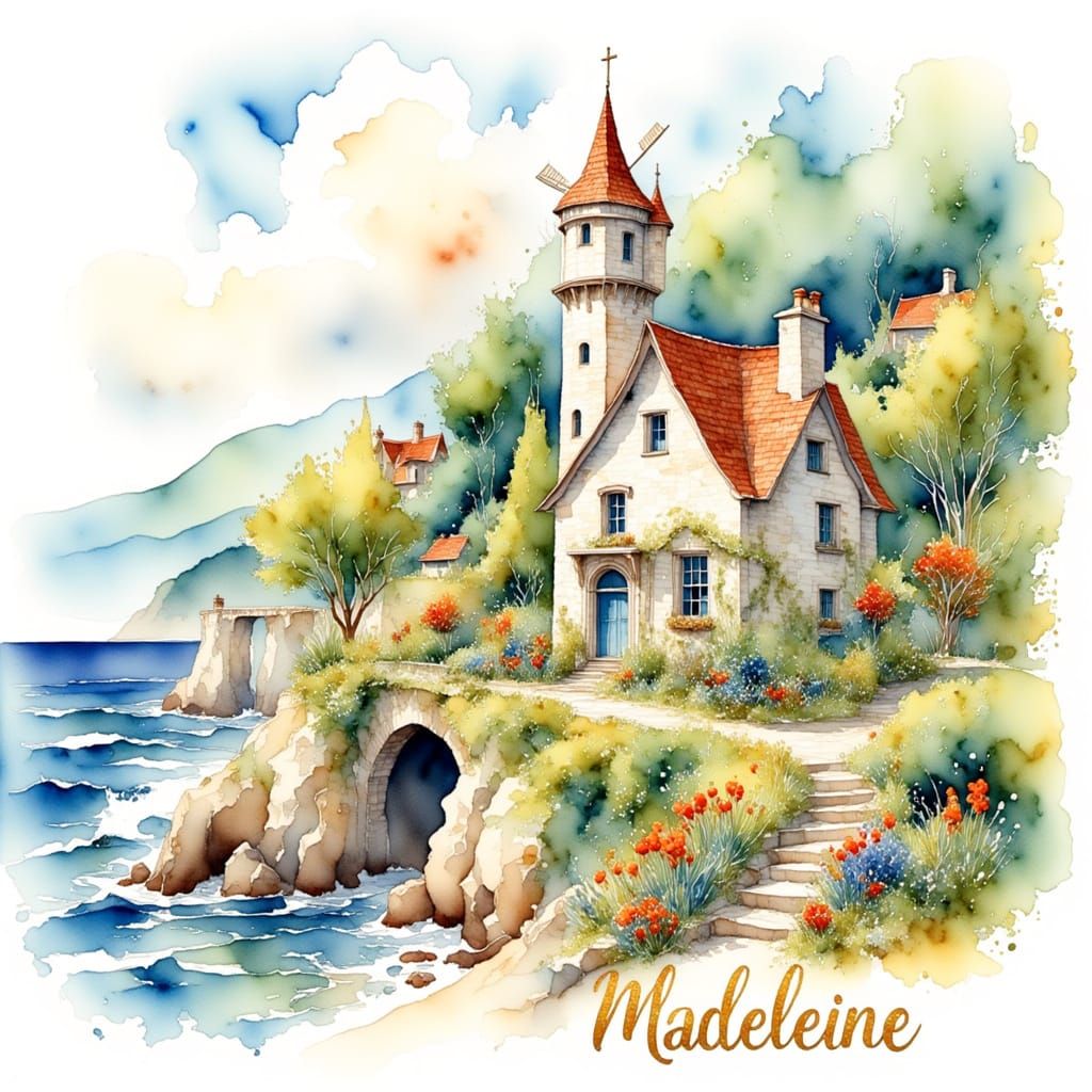Quaint Cottage Village by the Sea in Watercolour