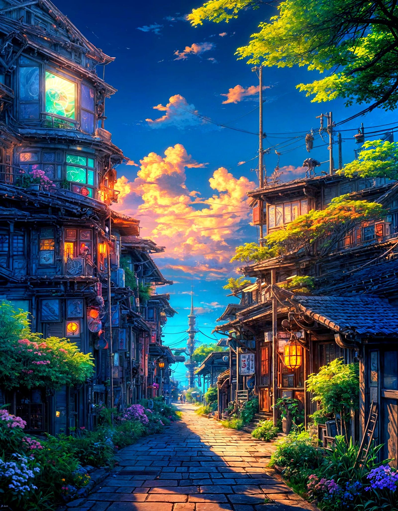 Elegant Octopus in Neon Paradise, Inspired by Studio Ghibli