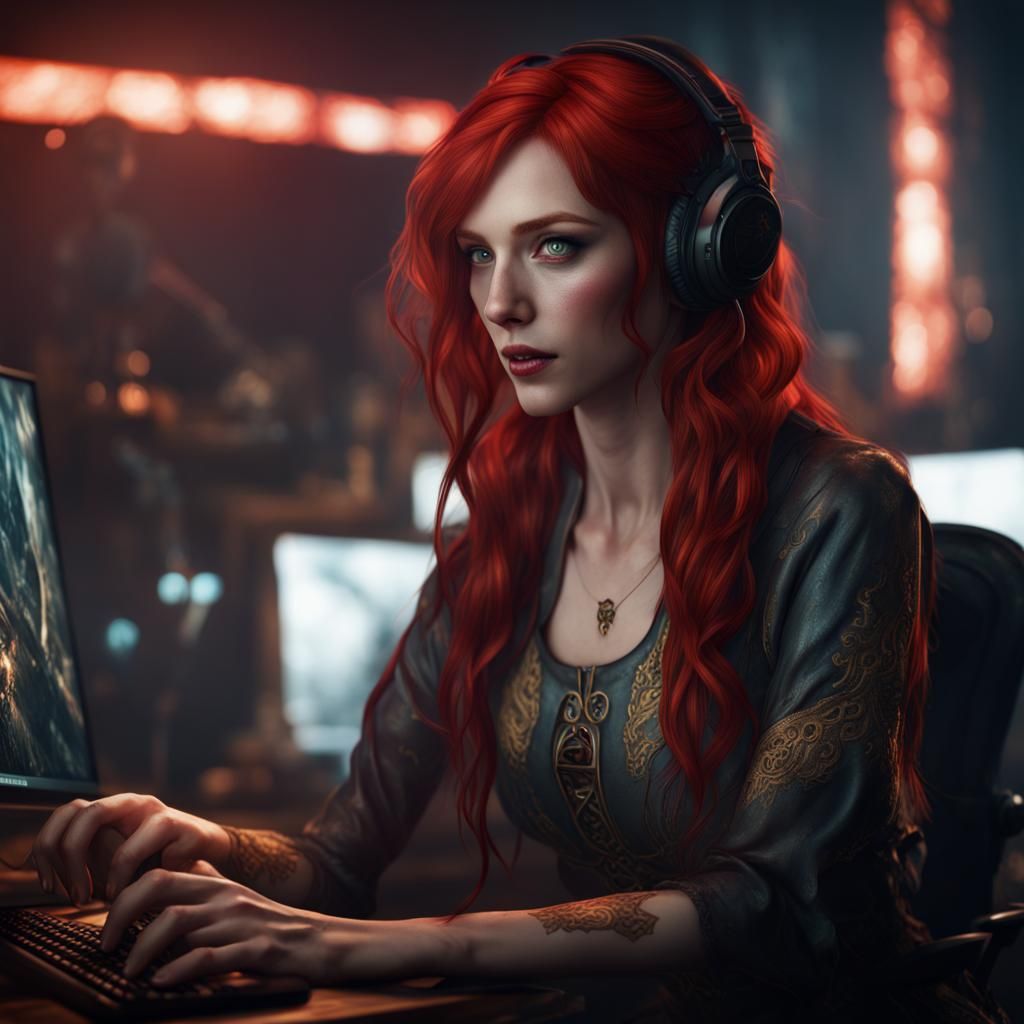 Red-Haired Gamer Streaming in Detailed Fantasy Art