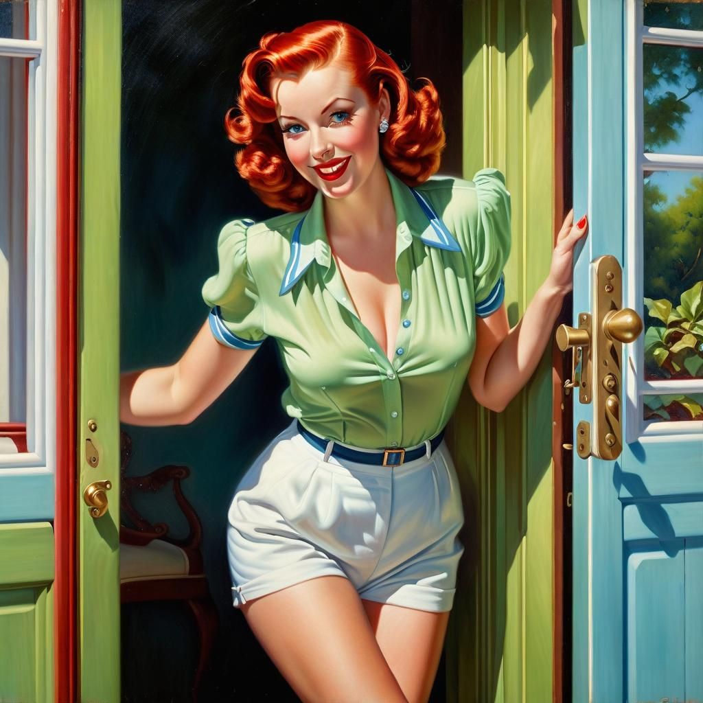 Elegant Woman in Doorway, Gil Elvgren Style