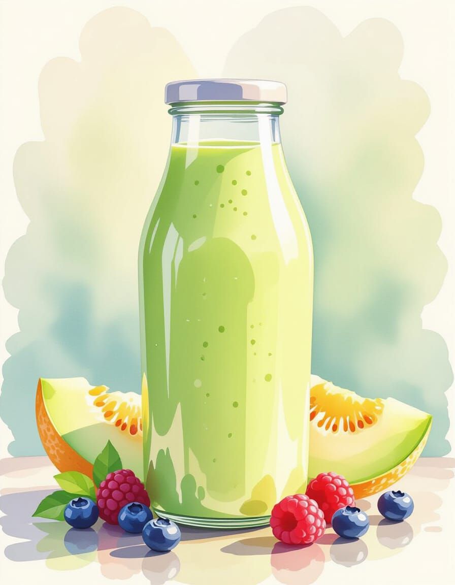 Watercolor Honeydew and Berry Smoothie Close-up
