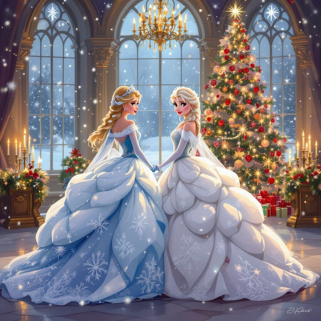 Anna and Elsa in Puffy Gowns at Magical Christmas Party
