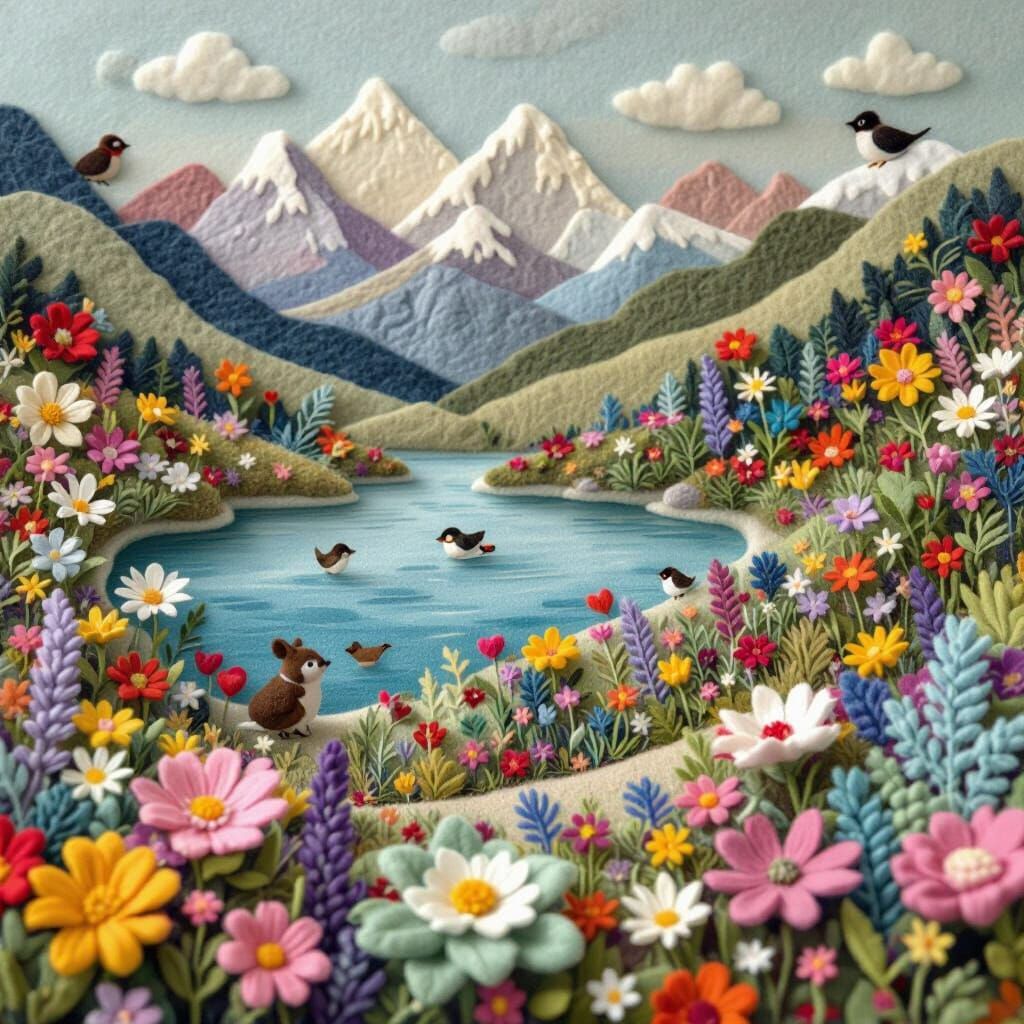 Felted Mountain Range with Wildflowers in Naive Style