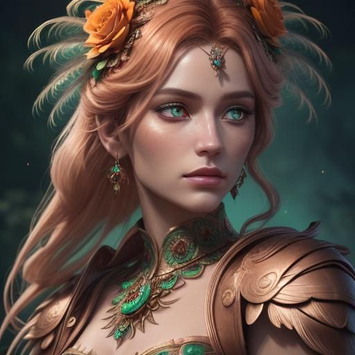 Rose Gold Woman with Peacock Feathers, Digital Art