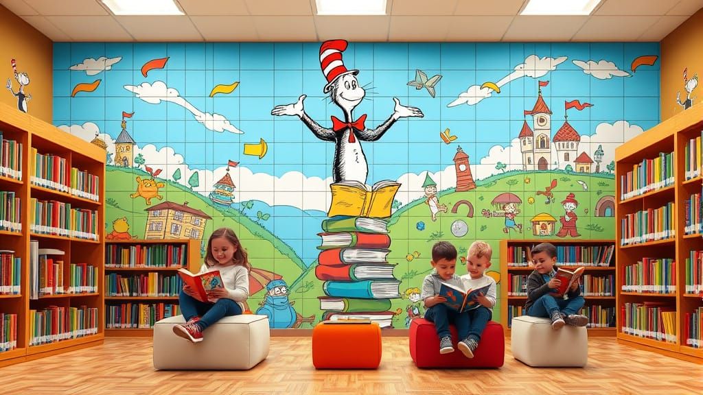 Vibrant Library Mural with Cat in the Hat Character