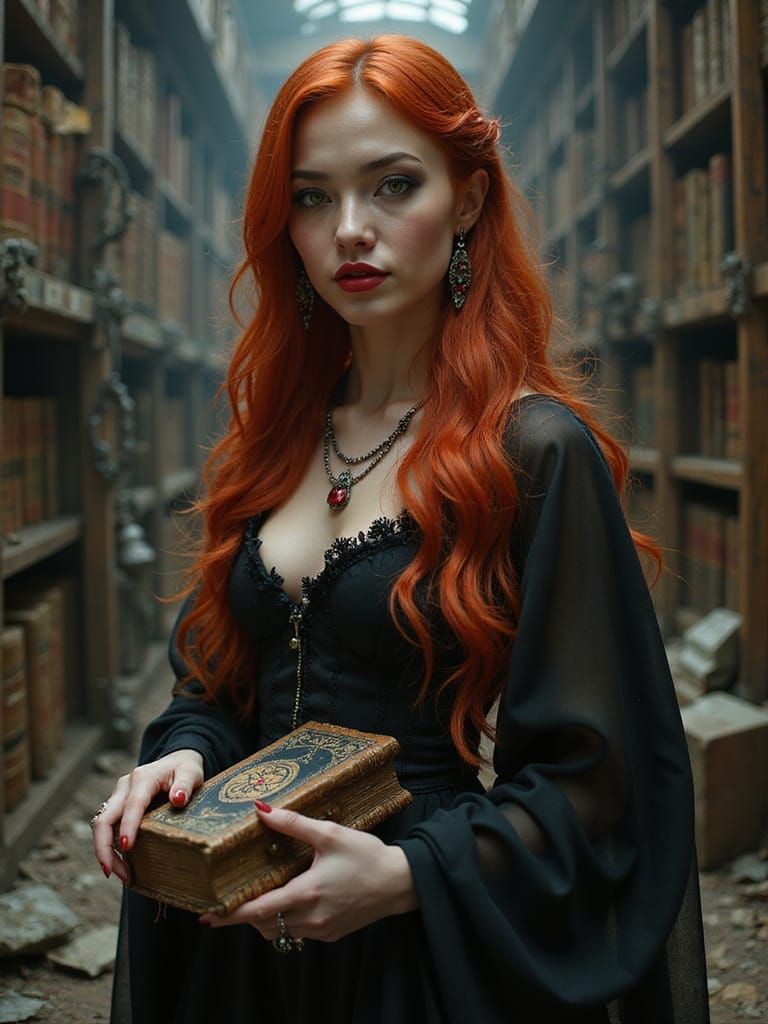 Ethereal Goddess in Antique Library Setting